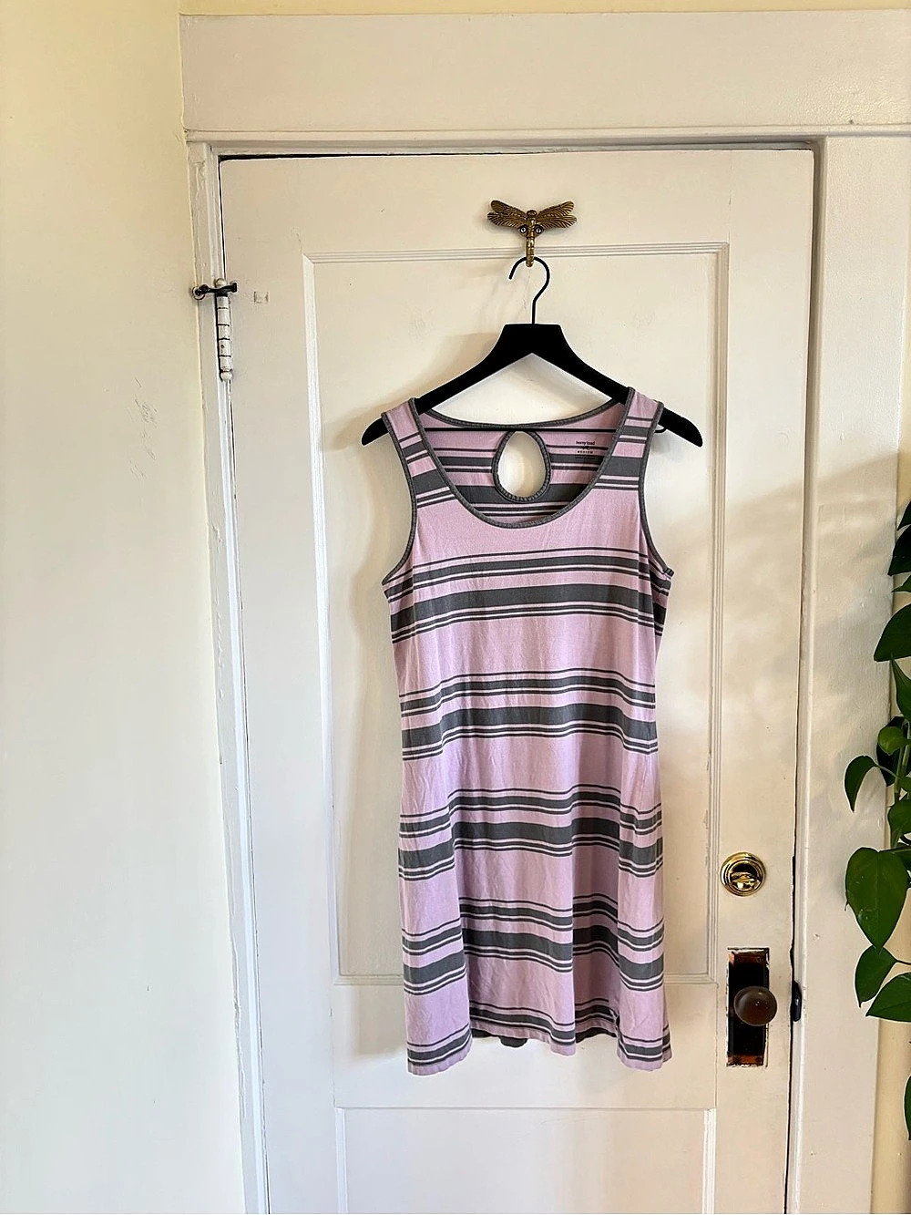 Horny Toad Striped Jersey Tank Mini Dress in Purple & Gray Keyhole Back Medium